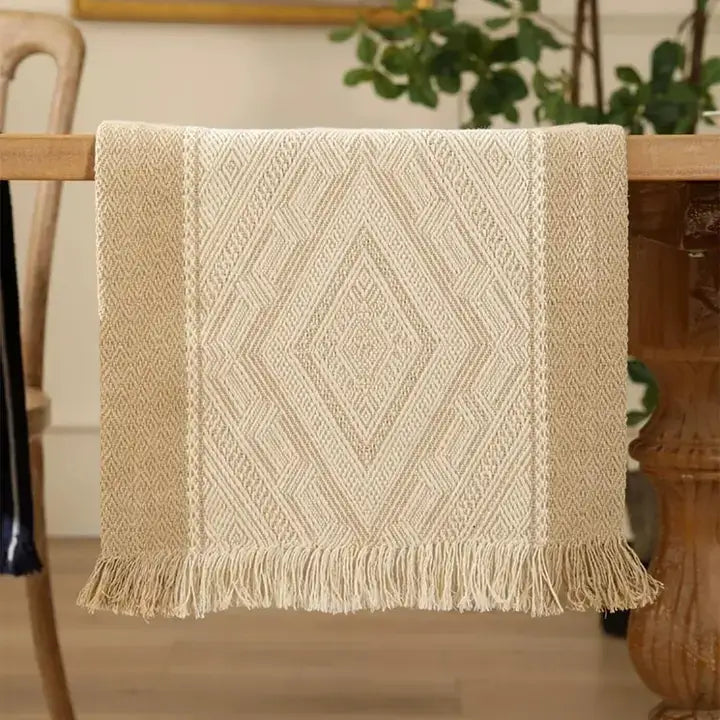 RNR0020 - Beige Diamond Weave Fringed Cotton Blend Table Runner