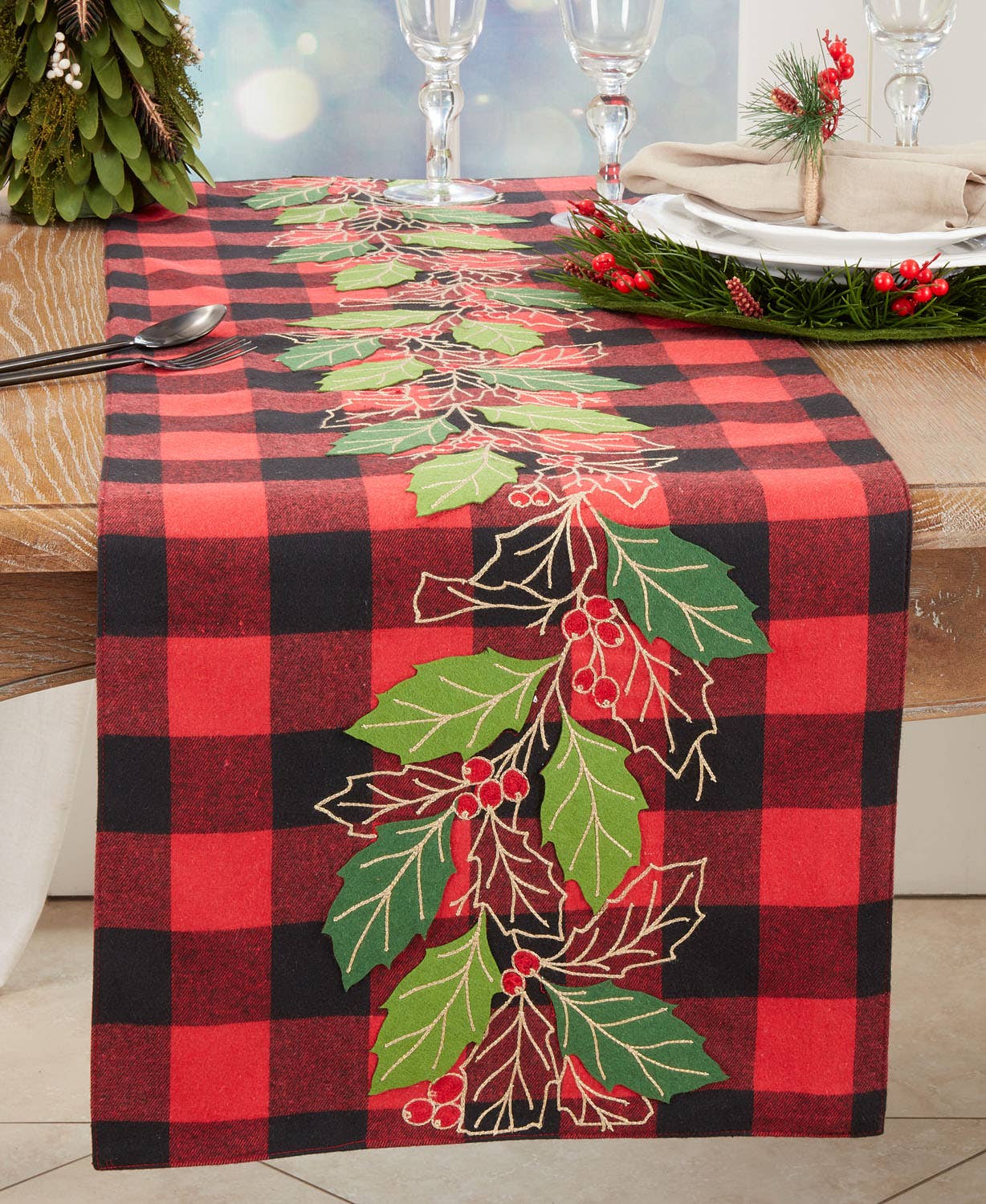 2044 - Buffalo Plaid Holly Leaves Cotton Linen 16x70 Table Runner