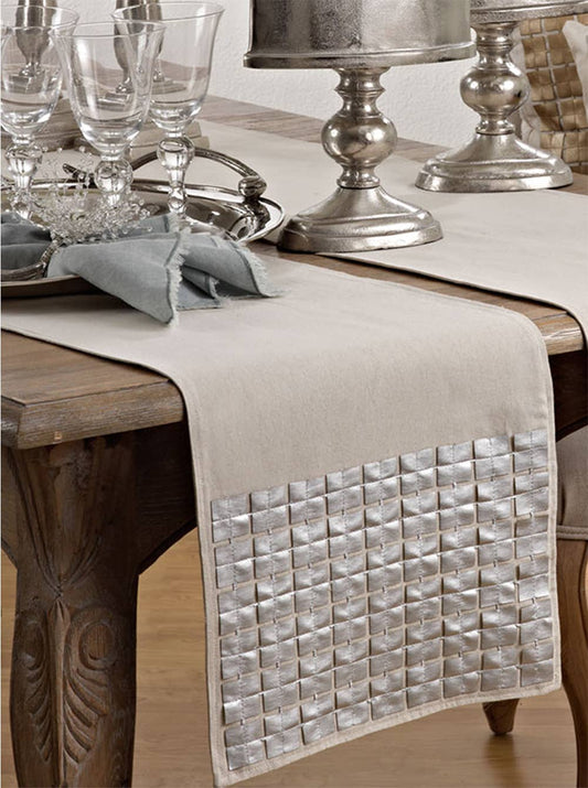 6011 - Silver Metallic Square Cutwork Linen-Poly 14x72 Table Runner