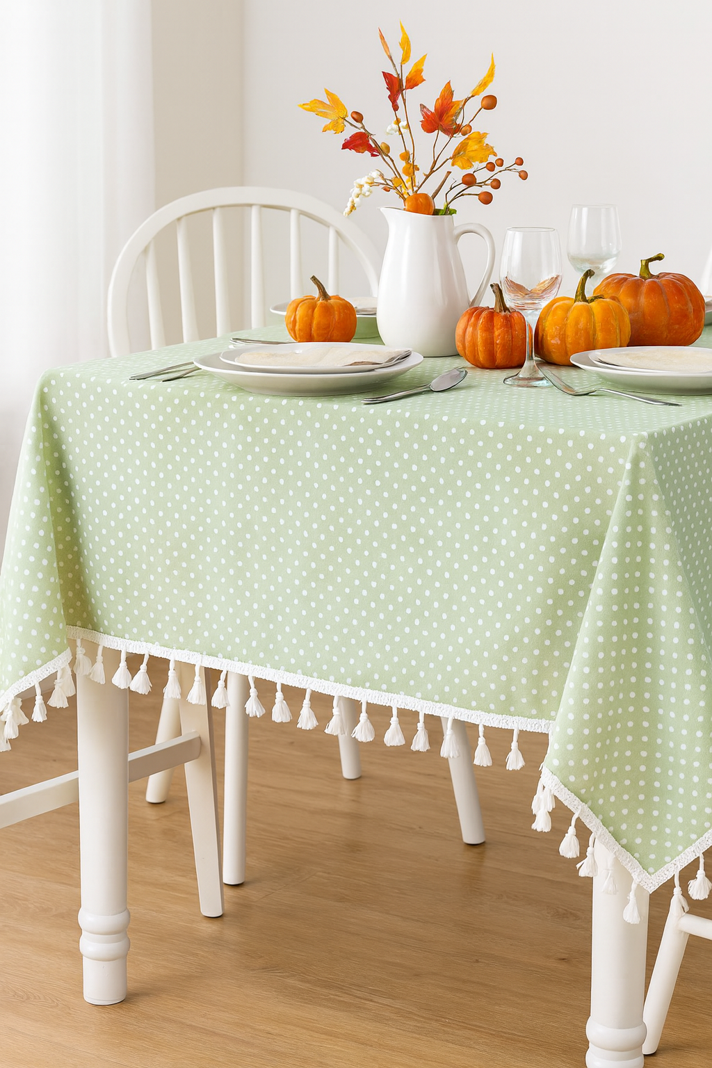 TBL0020 - Rustic Polka Dots Tasseled Green Cotton Blend Tablecloth