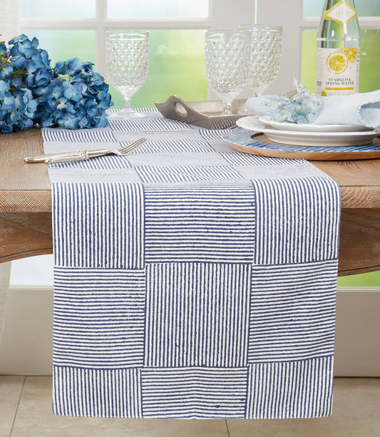 1504 - Navy Blue Striped Block Print Table Runner