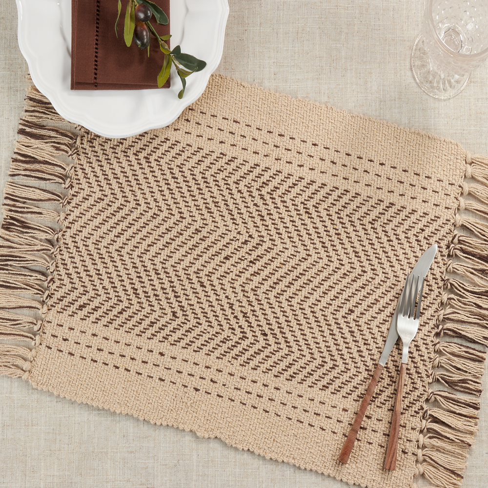 1229 - Natural Kantha Stitch Tasseled Cotton 13"x19" Placemat