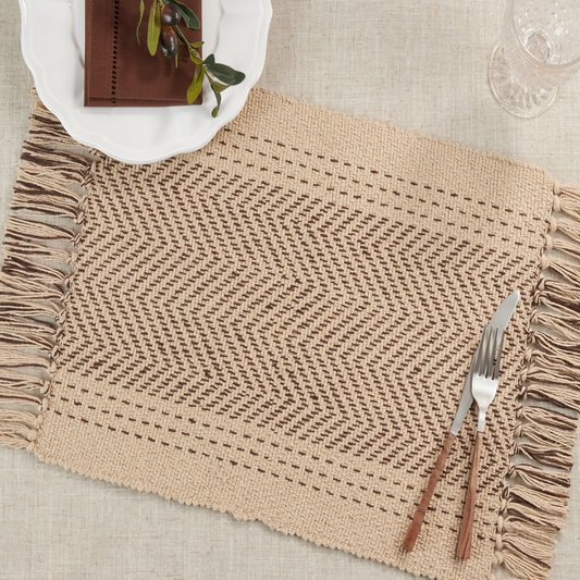 1229 - Natural Kantha Stitch Tasseled Cotton 13"x19" Placemat