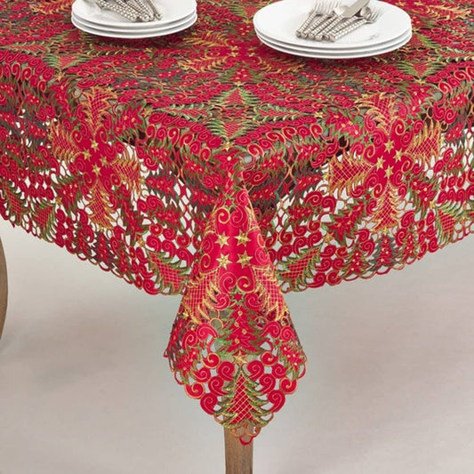 QX296 - Christmas Tree Cutwork Red Tablecloth