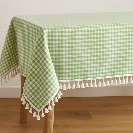 TBL0021 - Green Rustic Gingham Check Tasseled Cotton Blend Tablecloth
