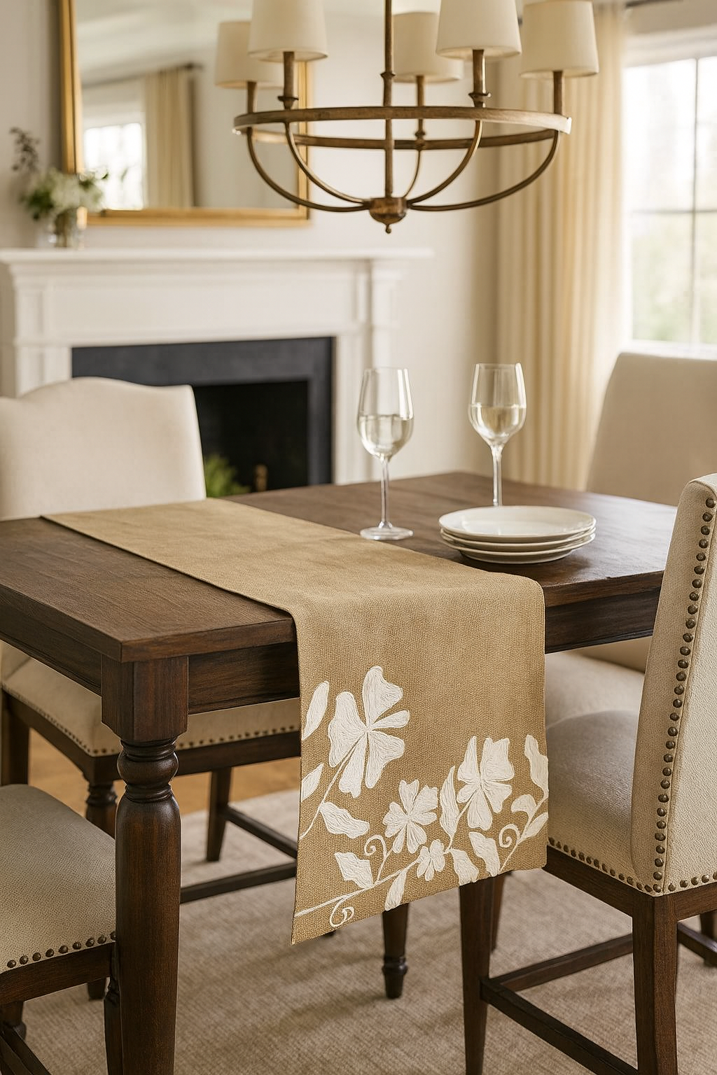 H1036 - Embroidered Floral Burlap Natural 16"x72" Table Runner