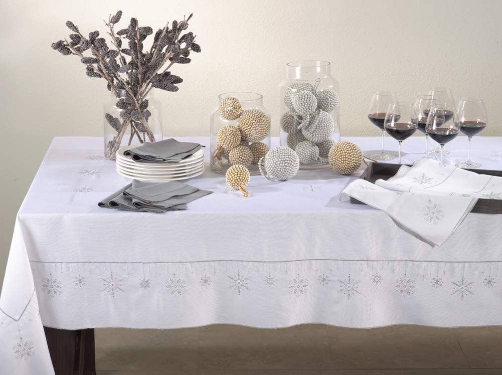 5282 - Silver Ice Crystal Snowflakes White Tablecloth – 65" x 120"