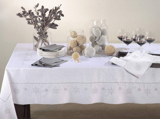 5282 - Silver Ice Crystal Snowflakes White Tablecloth – 65" x 120"