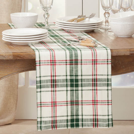 541 - White and Green Holiday Plaid Cotton Table Runner – 14" x 72