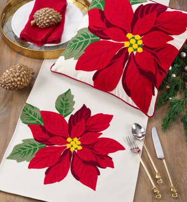 9711 - Classic Holiday Embroidered Poinsettia 16x72 Table Runner