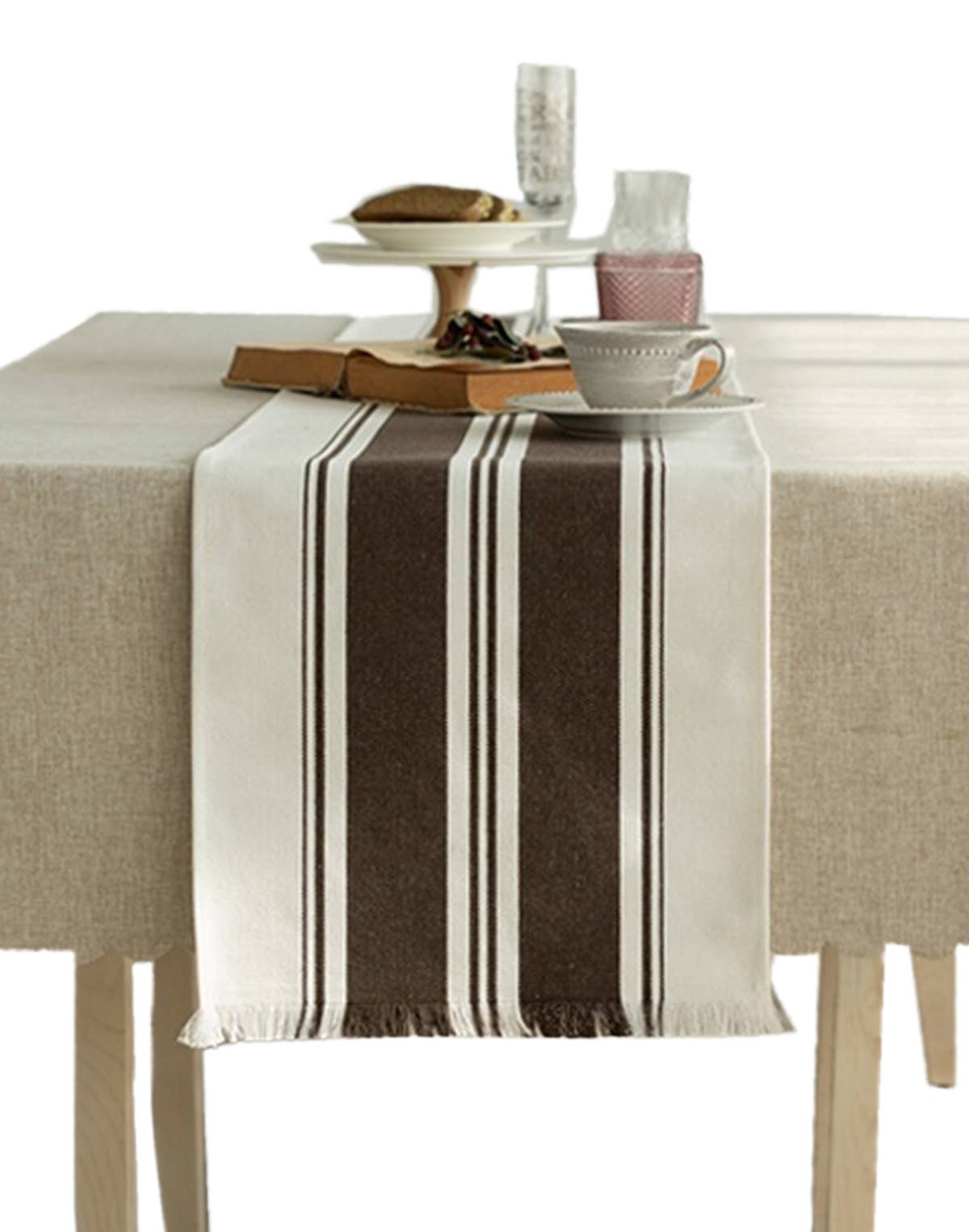 TBL0036 - Brown Striped Fringed Canvas Cotton Table Runner