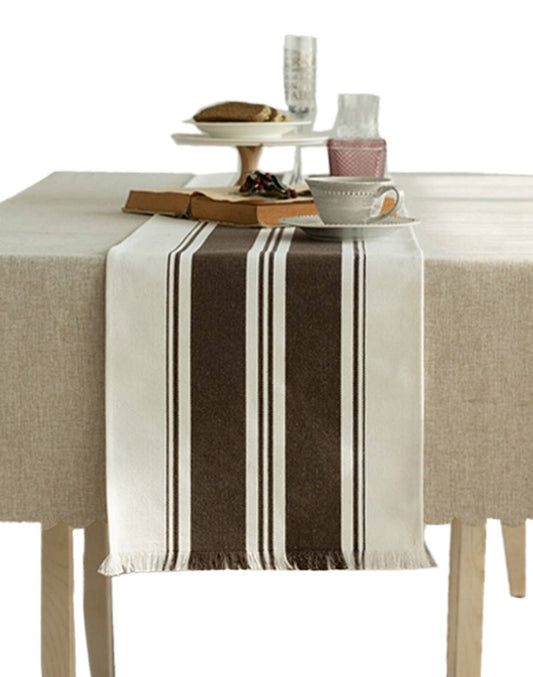 TBL0036 - Brown Striped Fringed Canvas Cotton Table Runner