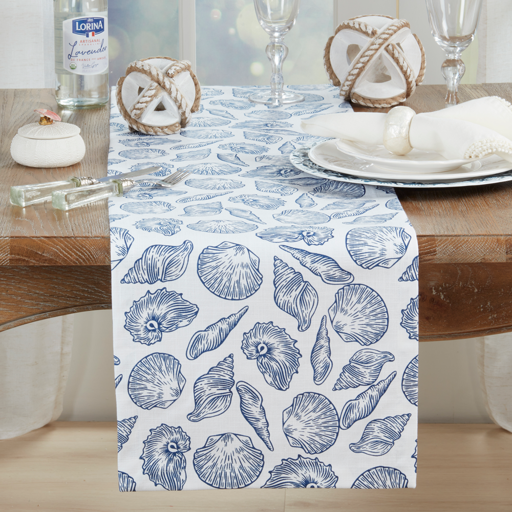 1520 - White-Blue Sea Shells Cotton 14"x72" Table Runner