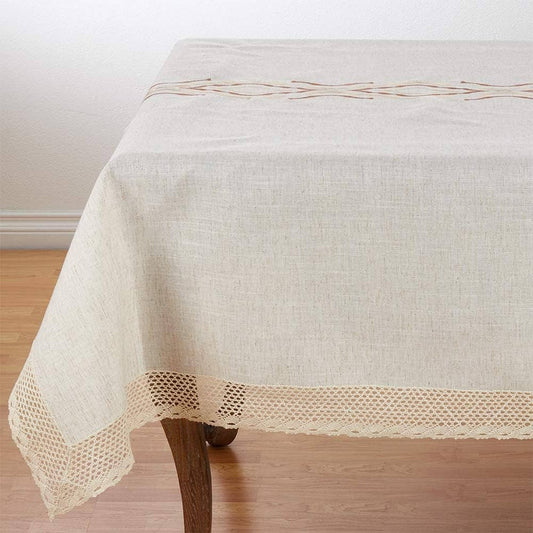 4799 - Natural Embroidered Lace Trim 72"x120" Linen-Poly Tablecloth