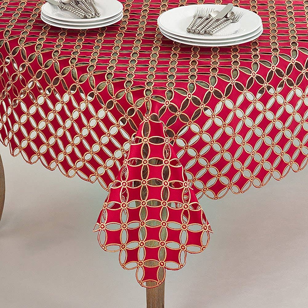 QX269 - Red White Cutwork 84" Square Tablecloth