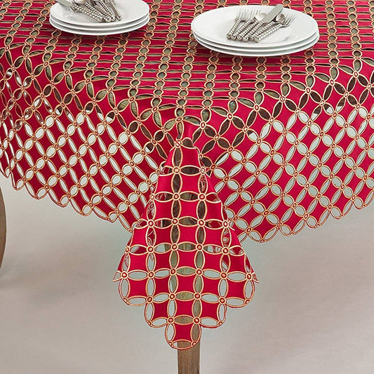 QX269 - Red White Cutwork 84" Square Tablecloth