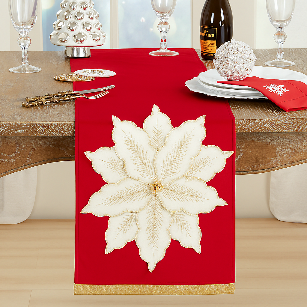 483 - Red Velvet Poinsettia Table Runner - 14"x72"