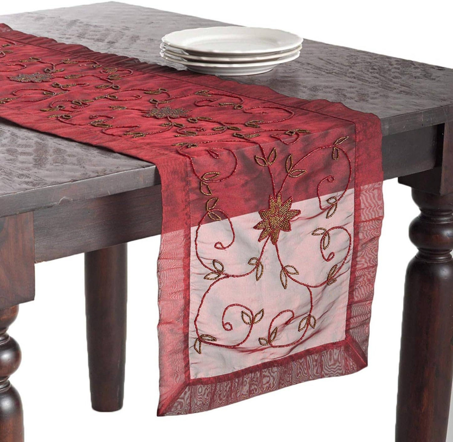 BD23 - Burgundy Beaded Flower Table Runner