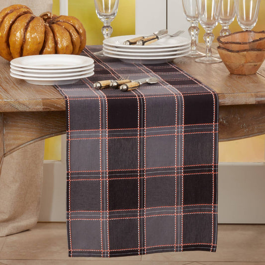 400 - Black Plaid Stitched Cotton 16"x 72" Table Runner