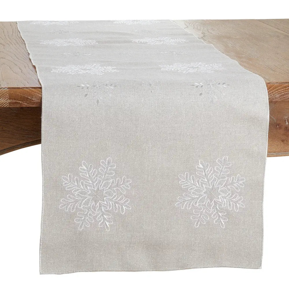 116 - Silver Embroidered Snowflake Holiday Natural Table Runner