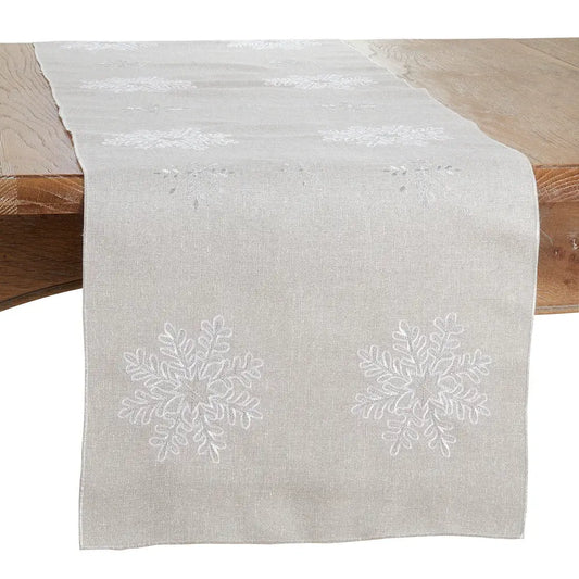116 - Silver Embroidered Snowflake Holiday Natural Table Runner