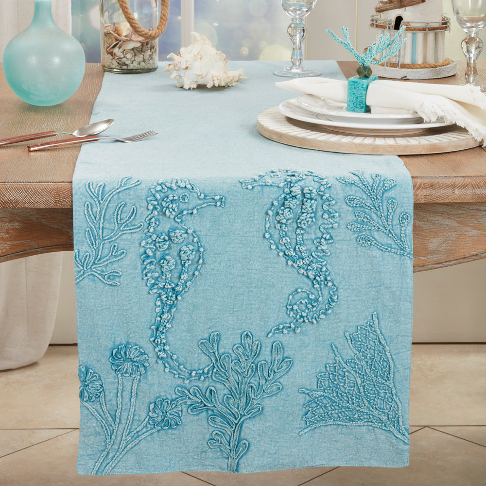 6483 - Blue Stonewashed Sea Horse Table Runner