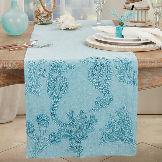 6483 - Blue Stonewashed Sea Horse Table Runner