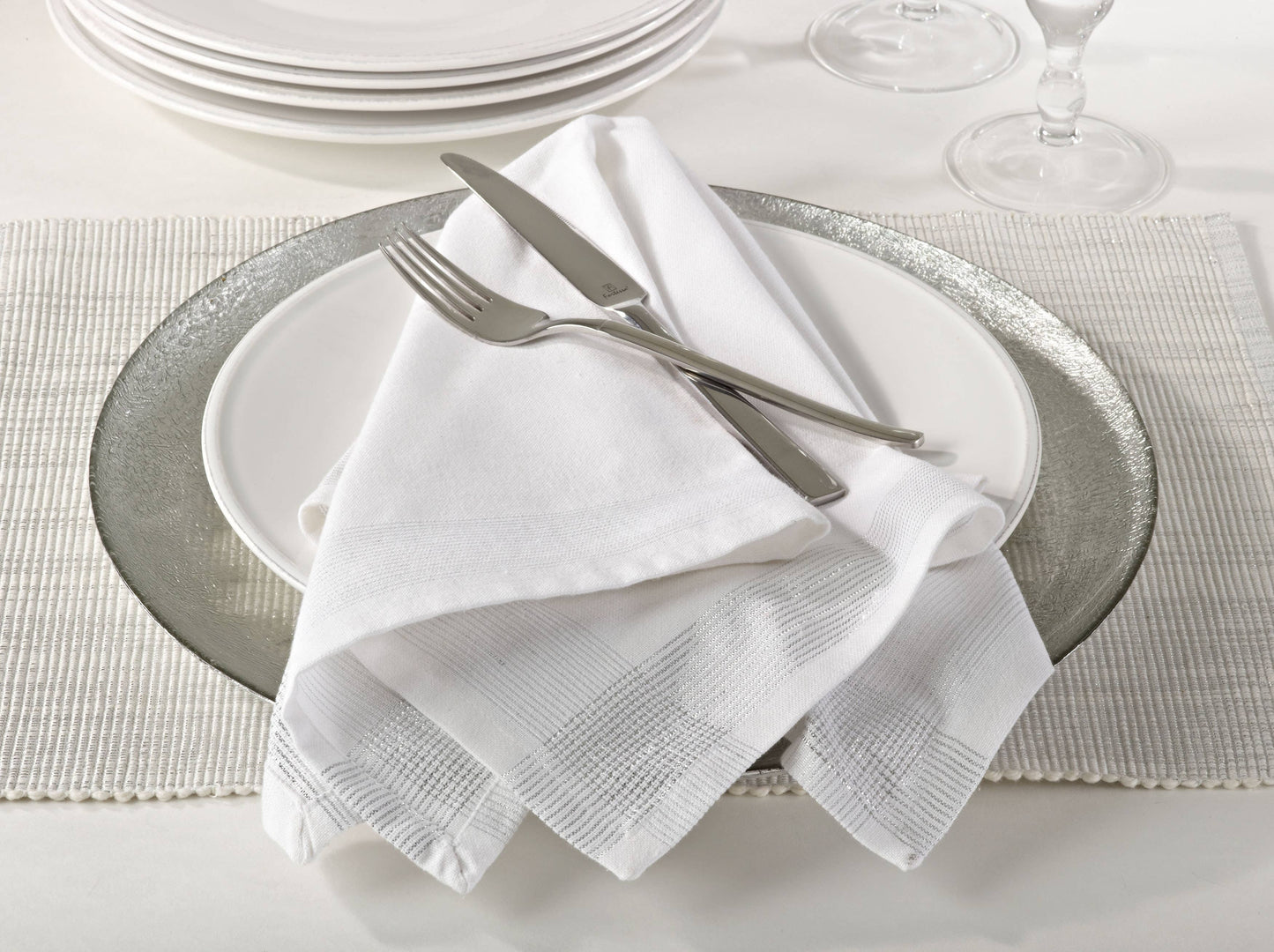 1209 - White Shimmering Striped Cotton 20" Cloth Napkin