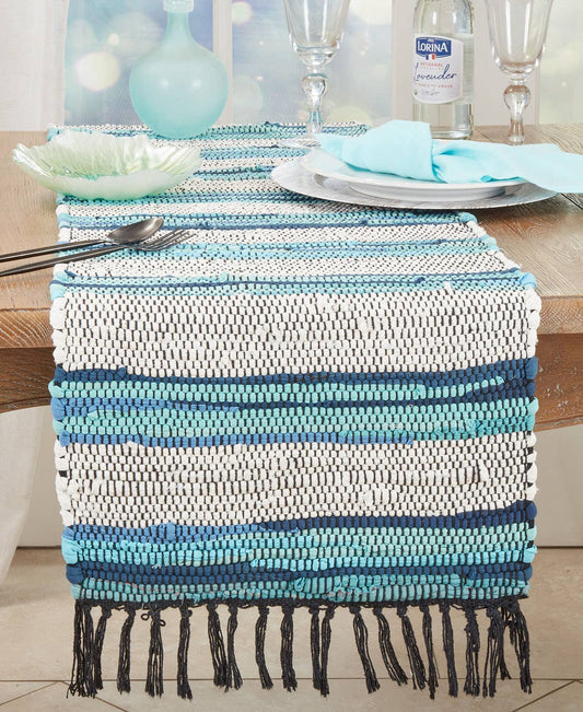 667 - Blue Striped Chindi 16x72 Cotton Table Runner