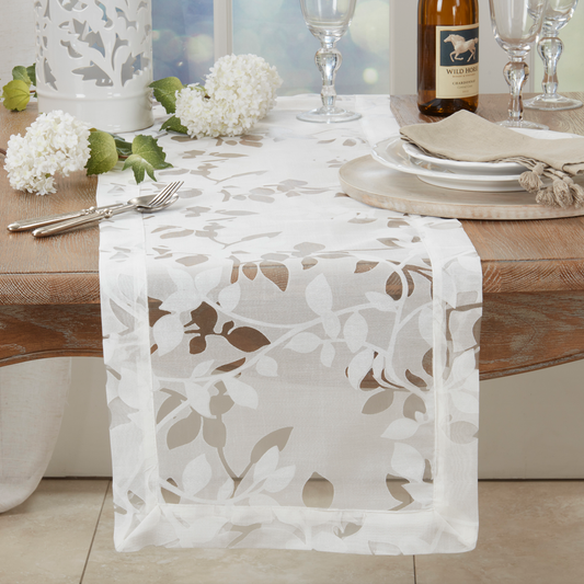 9151 - Burnout Voile Vine Design White Table Runner