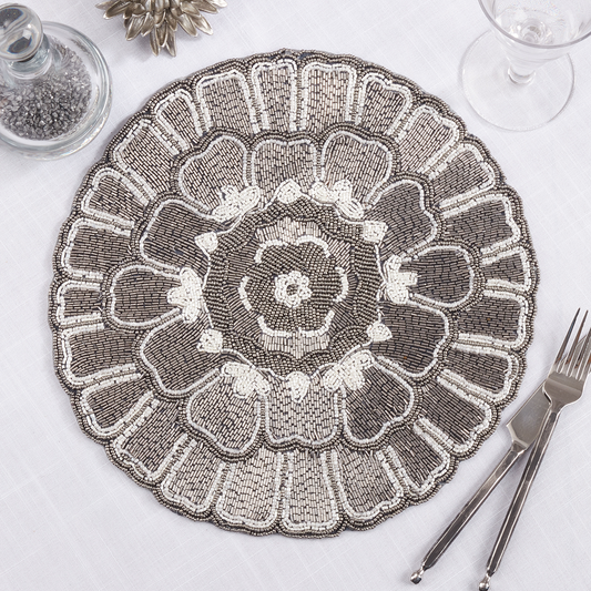 311 - Silver Hand Beaded 14" Round Placemat