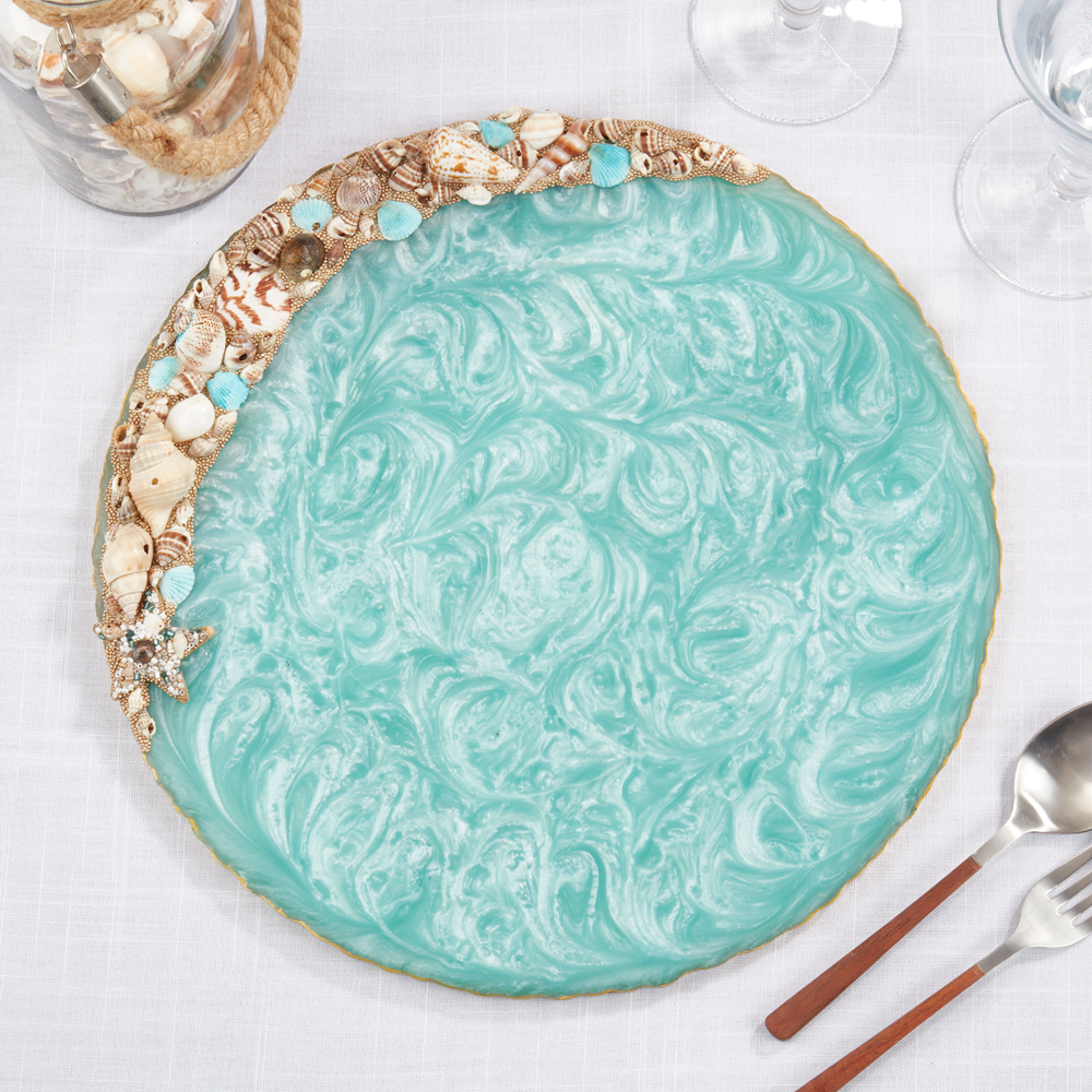 5107 - Aqua Seashell Beaded Resin 14" Round Placemat