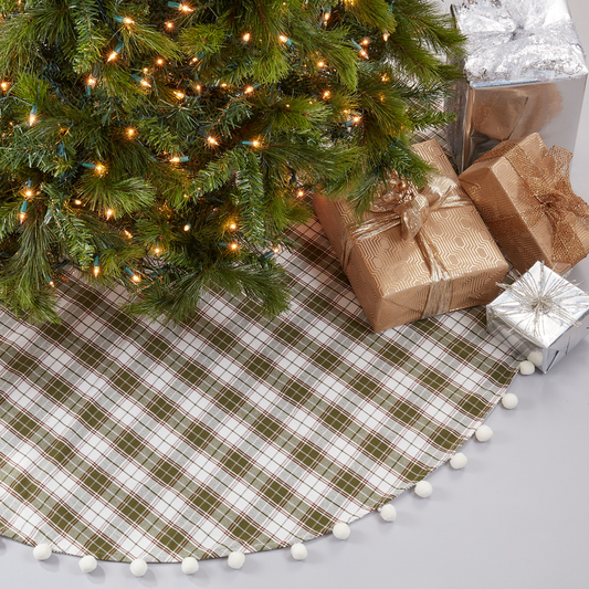 6071 - 72" Green Plaid Pom Pom Cotton Tree Skirt