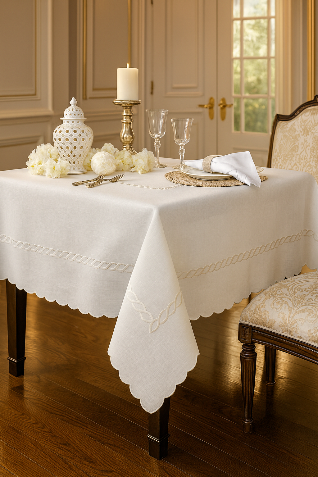 1064 - White Braided Embroidery 67"x104" Tablecloth