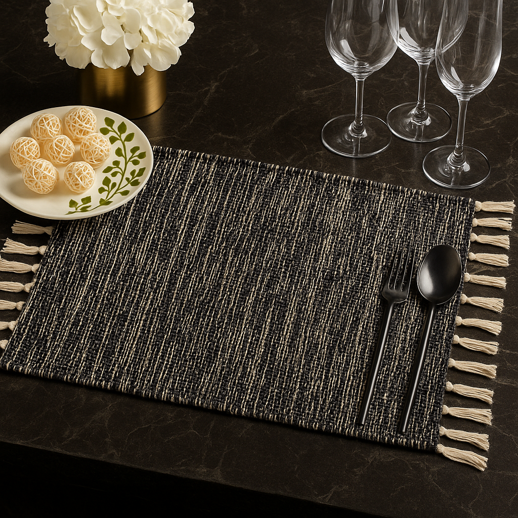 2432 - Black Cotton Fringed Rug Placemat