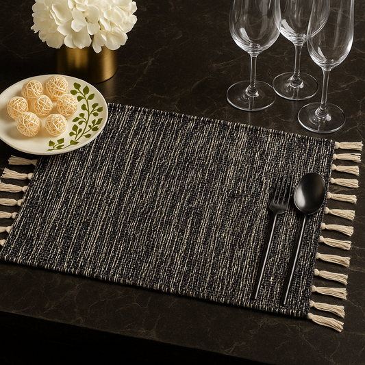 2432 - Black Cotton Fringed Rug Placemat