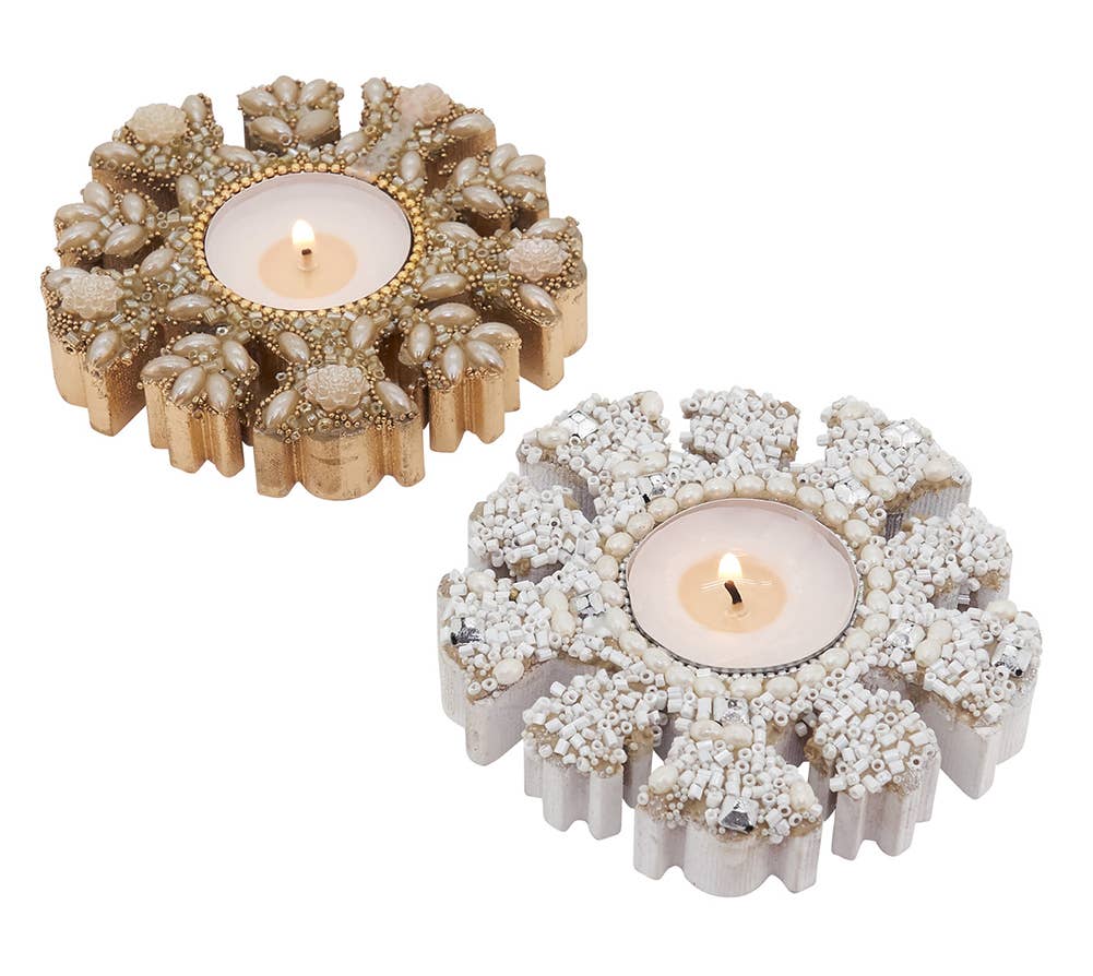 V538 - Beaded Wooden Snowflake 4" Votive Candle Holder