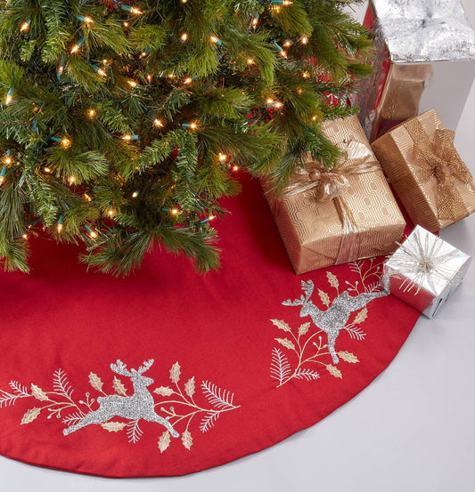 4631 - Embroidered Reindeer Red Christmas Tree Skirt