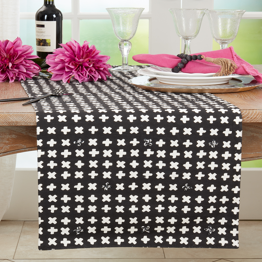 771 - White Embroidered Crosses Black Table Runner