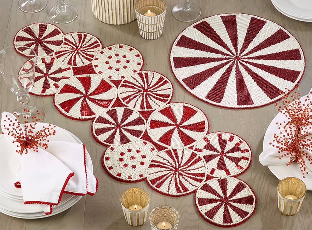 1921 - Peppermint Candy Cane Beaded 13x35 Inch Table Runner