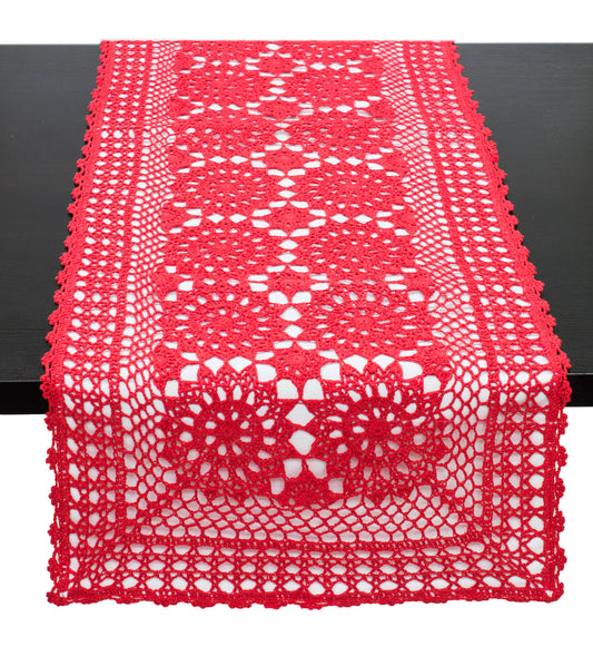RNR0001 - Red Hand Crocheted Mandala Cotton Table Runner