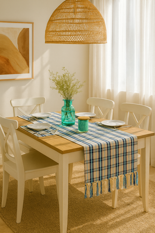 TBL0013 - Blue Tartan Plaid Cotton Blend Table Runner with Fringe