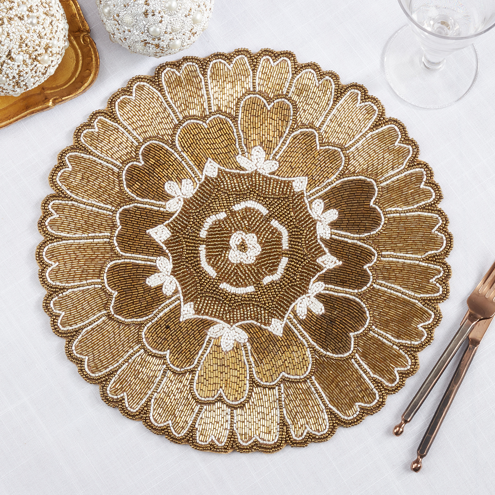 311 - Gold Hand Beaded 14" Round Placemat