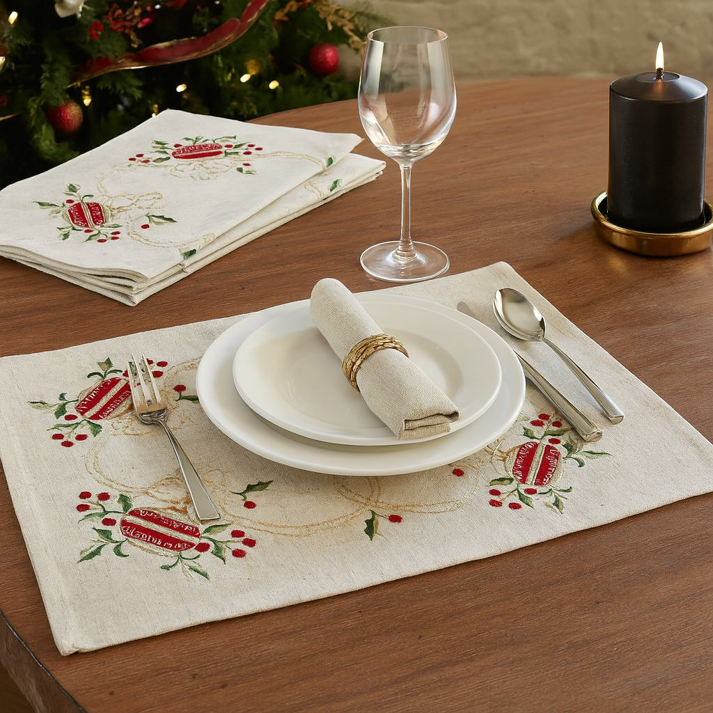 007 - Embroidered Ornament Linen-Poly 14X20 Placemat