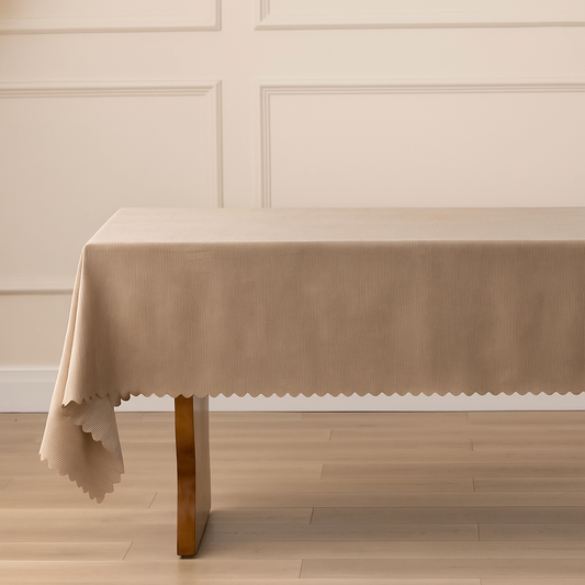 TBL0086 - Mocha Scalloped Edge Vertical Textured Striped Tablecloth