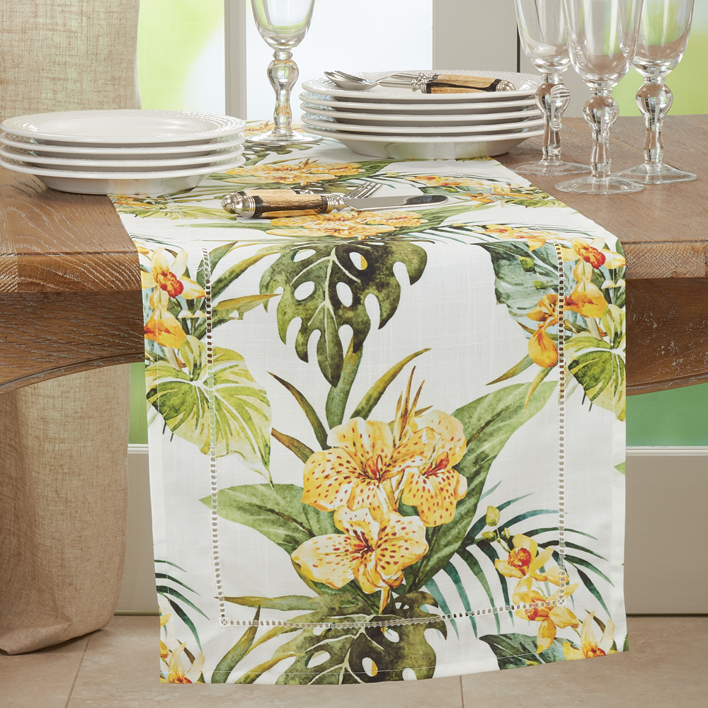1628 - Tropical Flower Hemstitch Table Runner