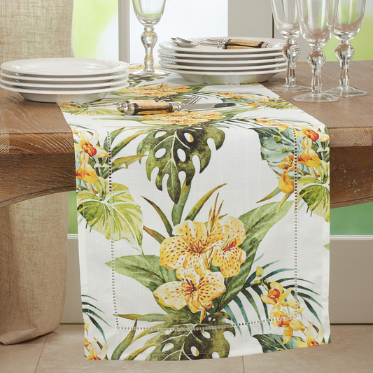 1628 - Tropical Flower Hemstitch Table Runner