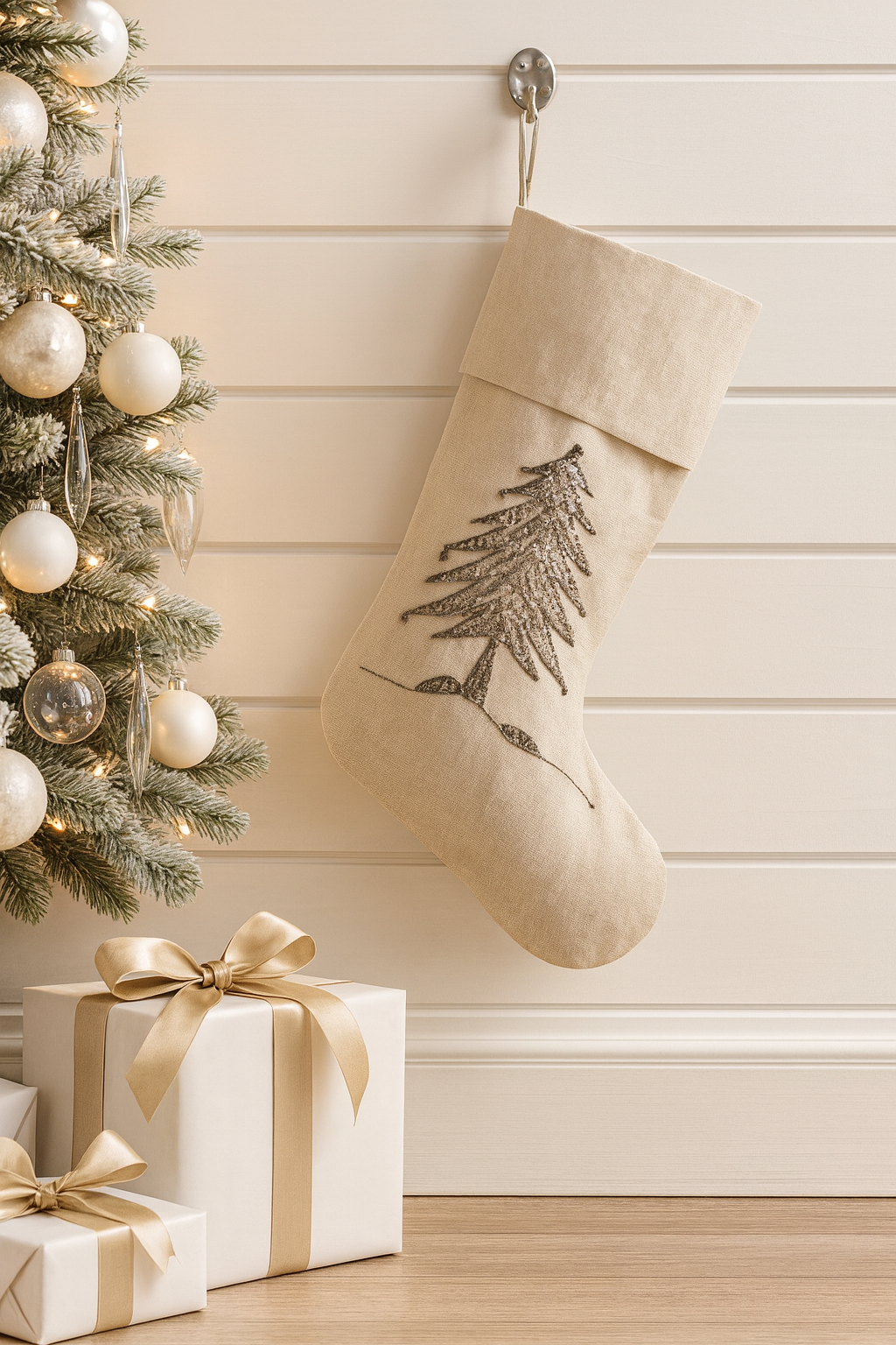 1025 - Silver Sapin De Noel Hand Beaded Christmas Stocking