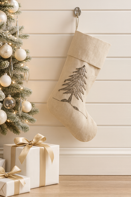 1025 - Silver Sapin De Noel Hand Beaded Christmas Stocking