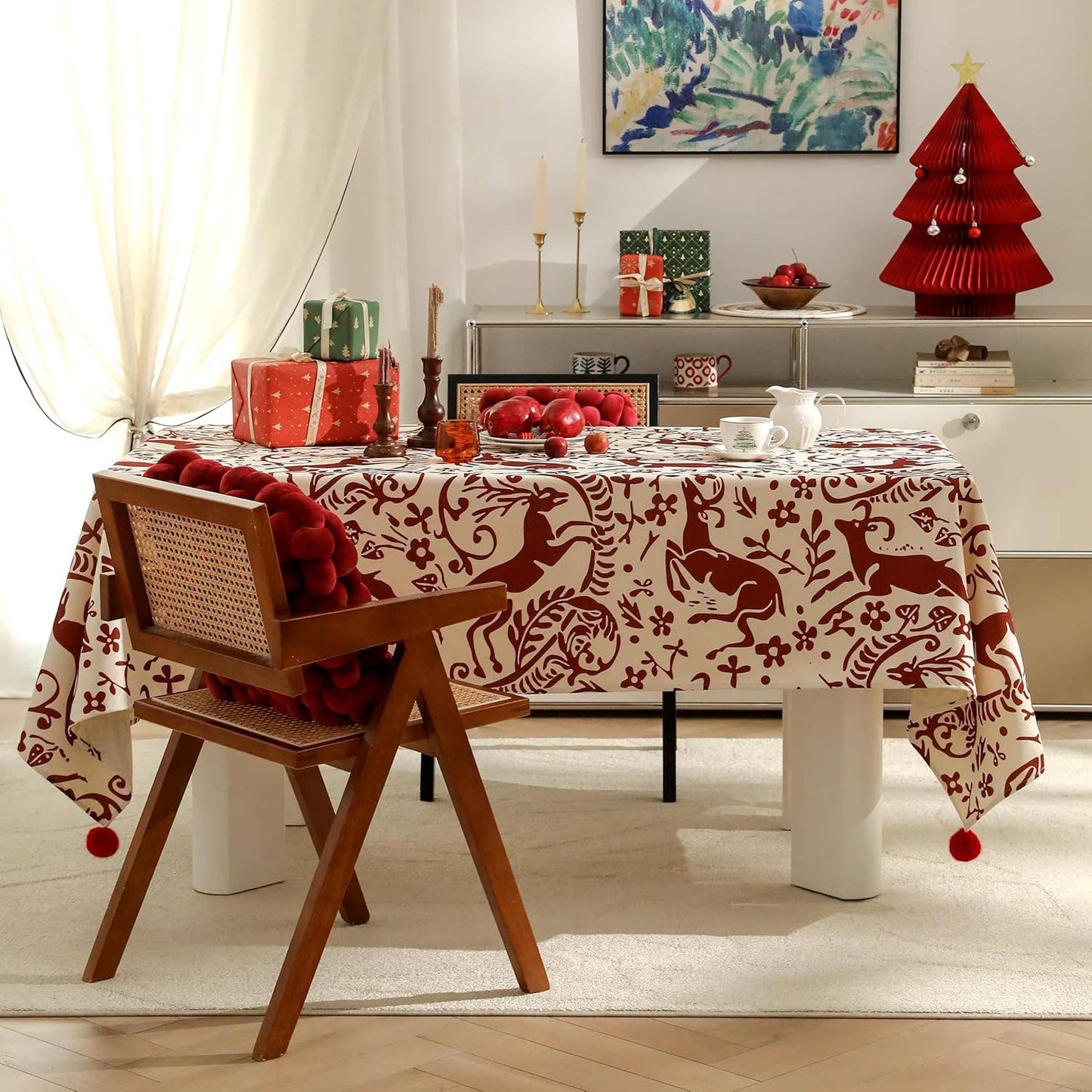 TBL0082 - Red-White Deer Holiday Tablecloth with Pom-Poms
